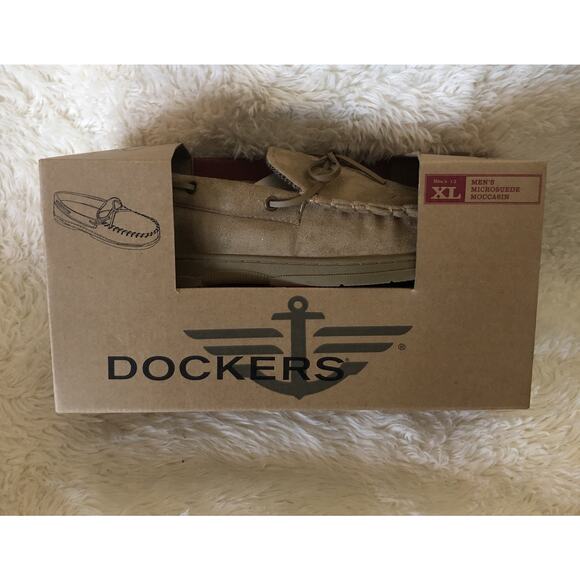 Dockers Microsuede Moccasin Slippers, Rubber Sole Tan Men’s Size 13 New In Box - Picture 5 of 8